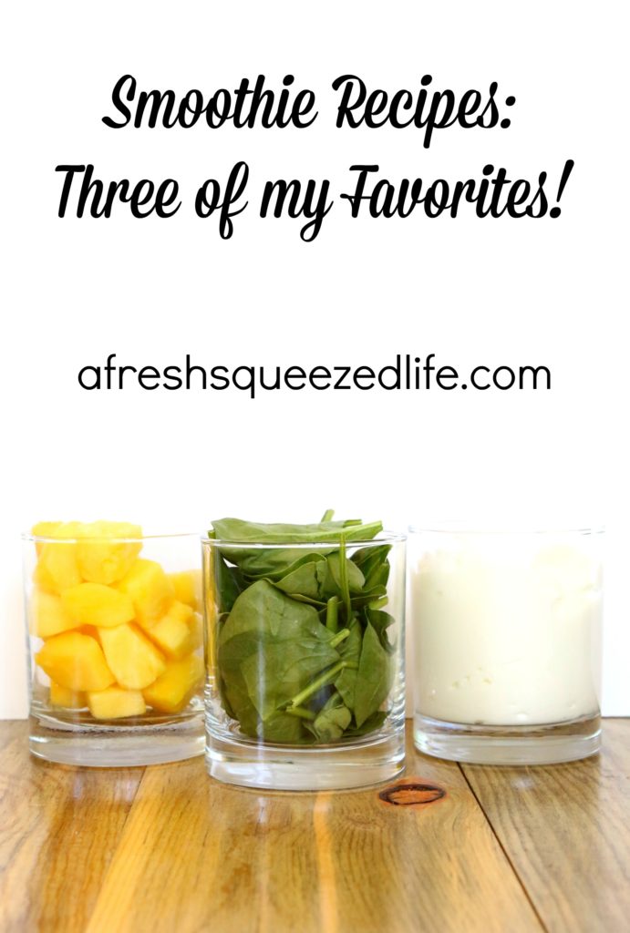 Smoothies are a great way to start your day! You can add all manner of goodness and create a quick, yummy treat. I am sharing three of my favorite recipes on my blog today. afreshsqueezedlife.com